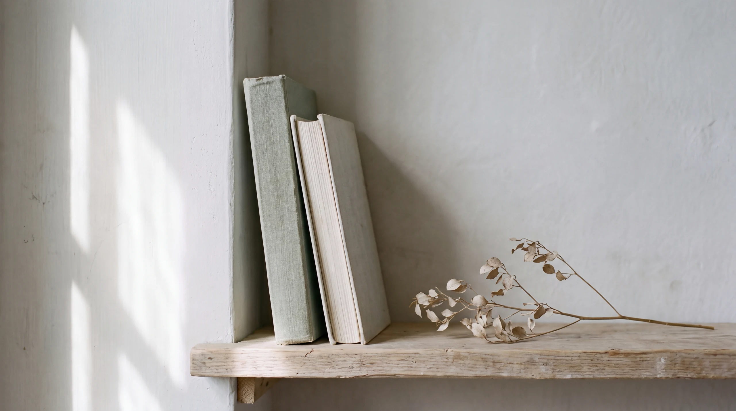 Two softcover books face out on a pale wooden shelf