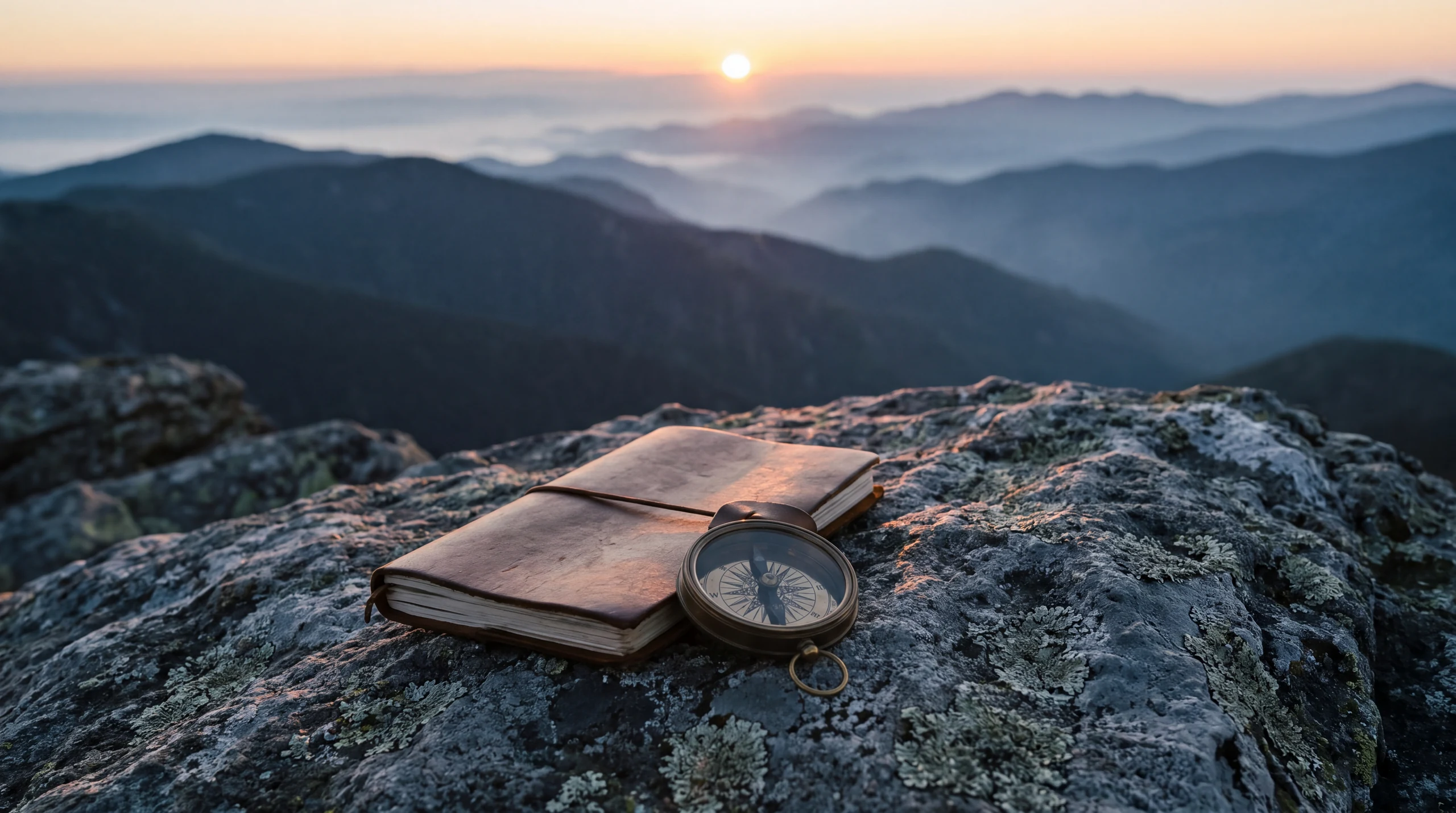 A notebook and brass compass on mountain rock at first light