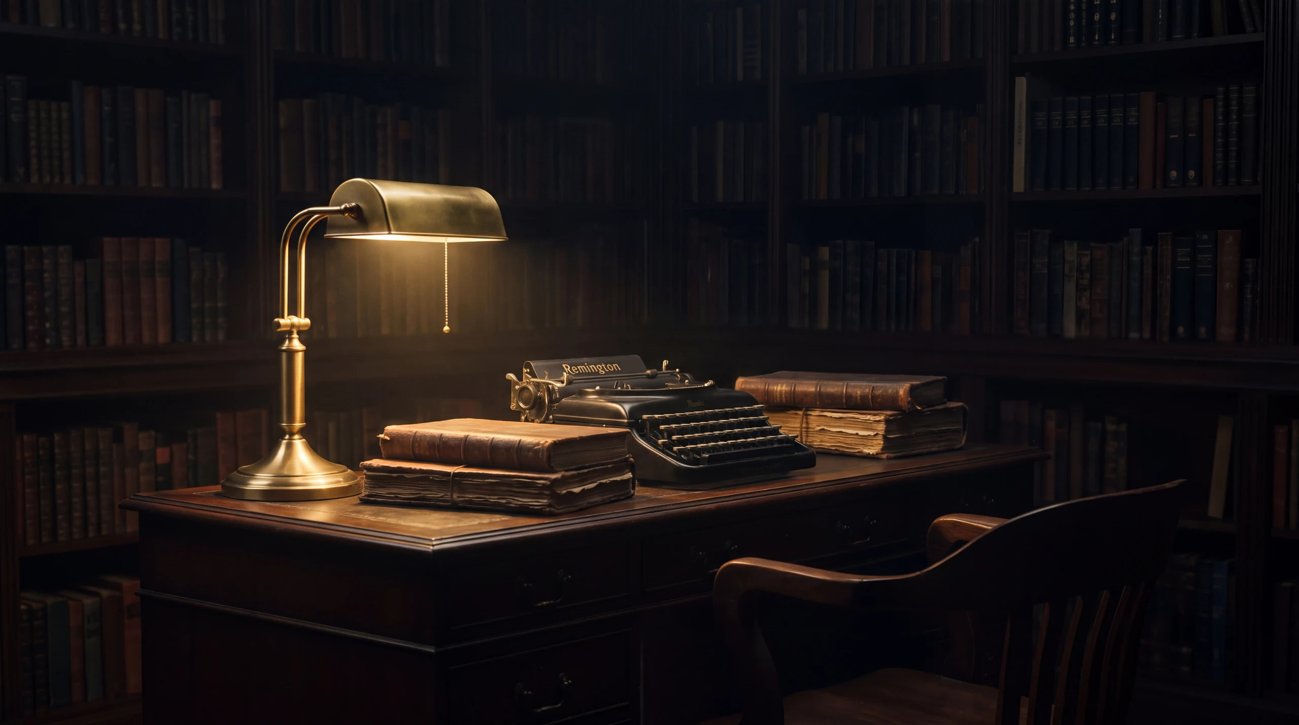 A lamp lighting a typewriter and manuscript in an otherwise dark room