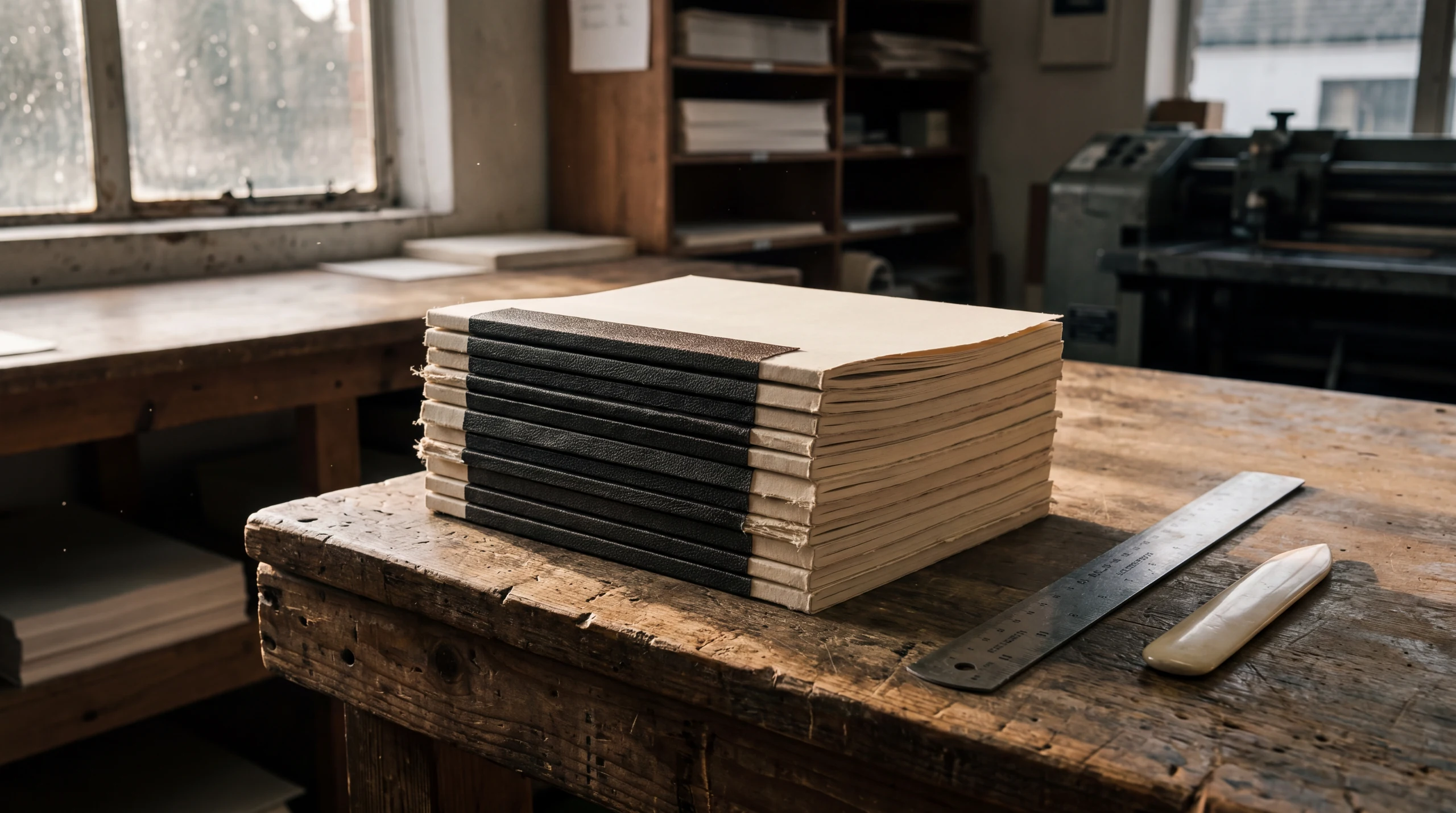 Freshly printed softcover books stacked on a press table