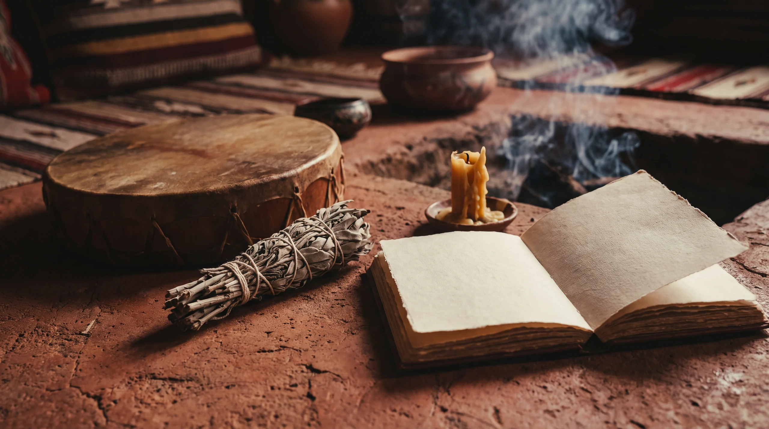 A hand drum, sage and an open journal in low firelight