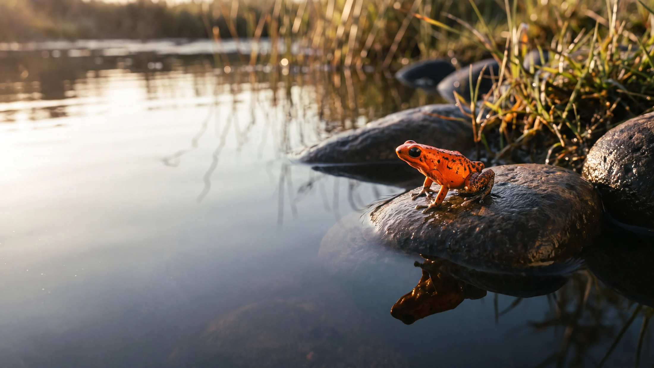 An orange poison dart frog on a wet stone at the water's edge, his reflection beneath him